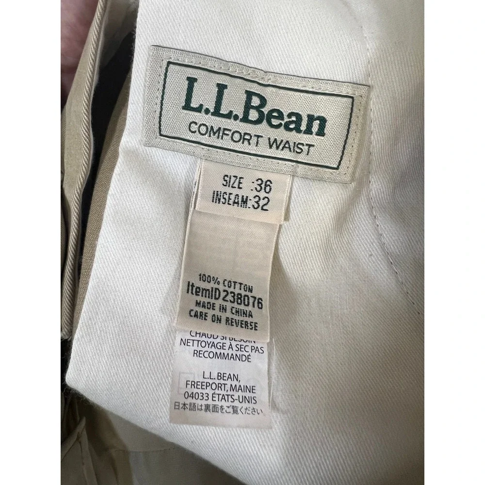 LL Bean Comfort Waist Mens Khaki Cotton Pleated Relaxed‎ Fit Pants Size 36x32